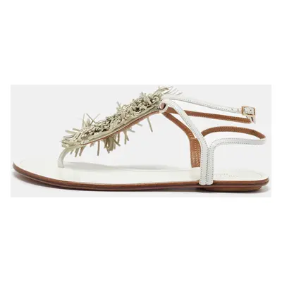 Aquazzura White Leather Fringe Trim Accent Flat Sandals Size