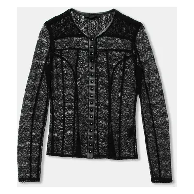 Alexander Wang Black Lace & Leather Trimmed Button Front Top