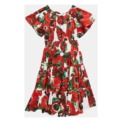 Dolce & Gabbana Red Floral Print Poplin Tiered Dress M