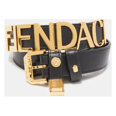 Fendi x Versace Black Leather Logo Letters Buckle Belt 105CM