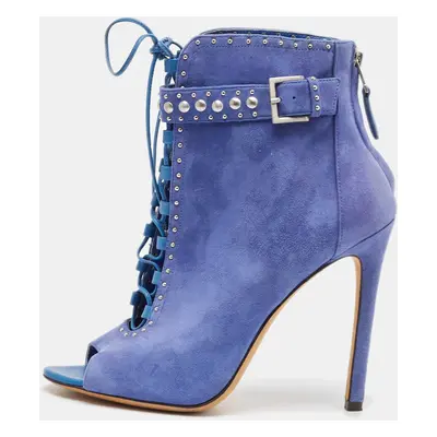 Brian Atwood Blue Suede Embellished Ankle Length Boots Size