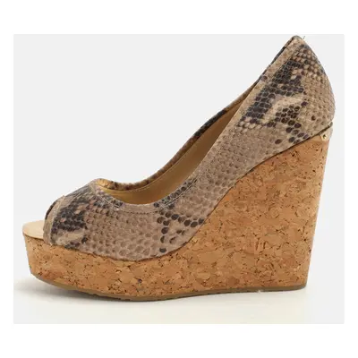 Jimmy Choo Beige/Brown Python Embossed Leather Papina Wedge Pumps Size 37.5