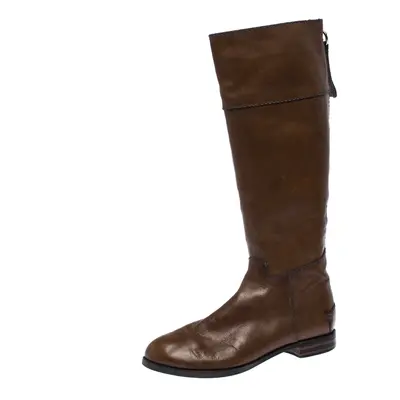 Chloe Brown Leather Knee Length Flat Boots Size