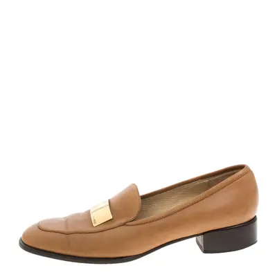 Gucci Brown Leather Gold-Tone Logo Plate Block Heel Loafer Pumps Size 37.5