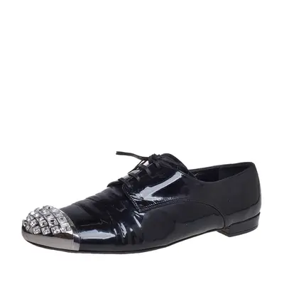 Miu Miu Black Patent Leather Crystal Embellished Cap Toe Oxfords Size