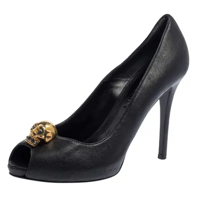 Alexander McQueen Black Leather Skull Embellished Peep Toe Pumps Size