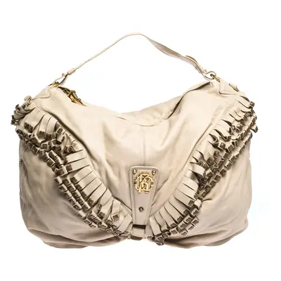 Roberto Cavalli Cream Leather Studded Fringe Hobo