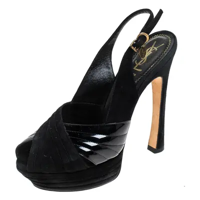 Saint Laurent Paris Black Criss Cross Suede and Patent Leather Slingback Platform Sandals Size