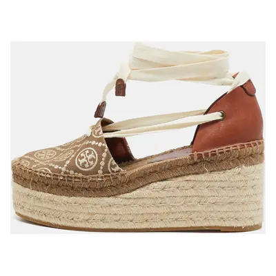 Tory Burch Brown/Beige Canvas and Leather Wedge Sandals Size 37.5