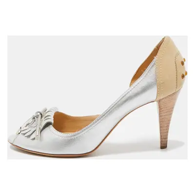 Tod's Silver/Beige Leather and Suede Peep Toe Dosary Pumps Size