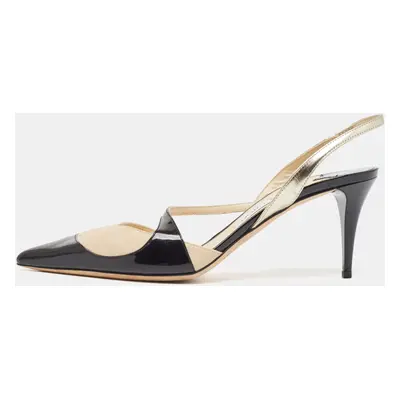 Jimmy Choo Black/Beige Leather and Patent Slingback Pumps Size