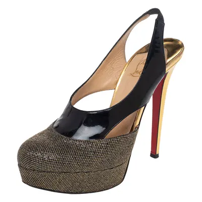 Christian Louboutin Black/Gold Patent and Metallic Mesh Platform Slingback Pumps Size 38.5