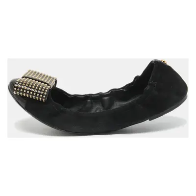 Louis Vuitton Black Suede and Patent Leather Mimi Studded Bow Scrunch Ballet Flats Size