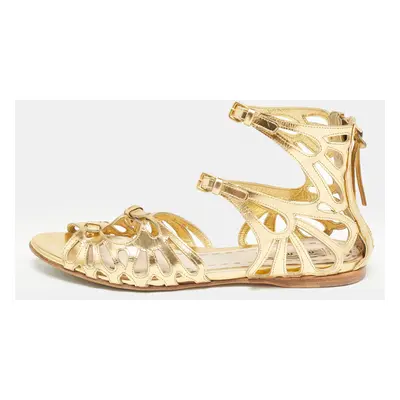 Miu Miu Gold Cut Out Leather Flat Sandals Size