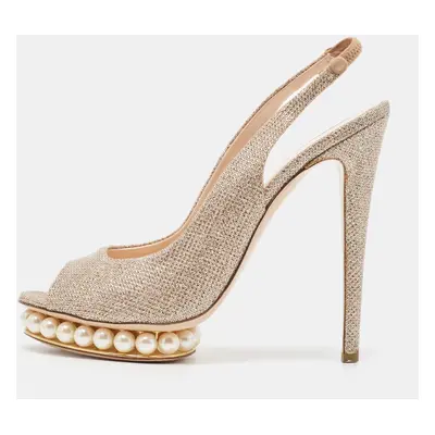 Nicholas Kirkwood Metallic Lurex Fabric Pearl Embellished Platform Slingback Sandals Size