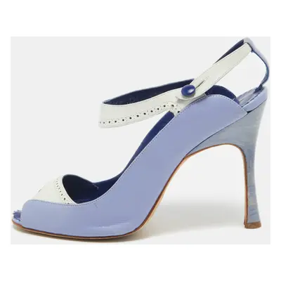 Manolo Blahnik Blue/White Leather Peep Toe Slingback Pumps Size