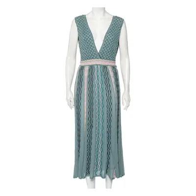 M Missoni Grey Patterned Knit Plunge Neck Midi Dress