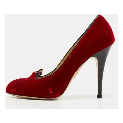 Charlotte Olympia Red Velvet Embroidered Kitty Pumps Size 37.5