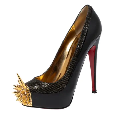 Christian Louboutin Black/Gold Patent Leather and Lurex Fabric Asteroid Spike Pumps Size 39.5