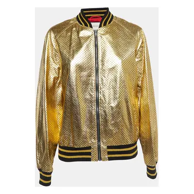 Gucci Gold Metallic Stars Print Crinkle Leather Bomber Jacket