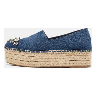 Miu Miu Blue Denim Crystal Embellished Platform Espadrille Flats Size 39.5