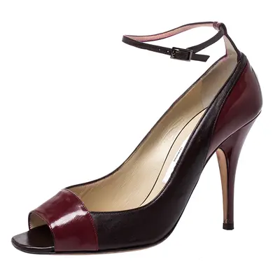 Jimmy Choo Burgundy Leather And Patent Leather Peep Toe Ankle Strap Pumps Size