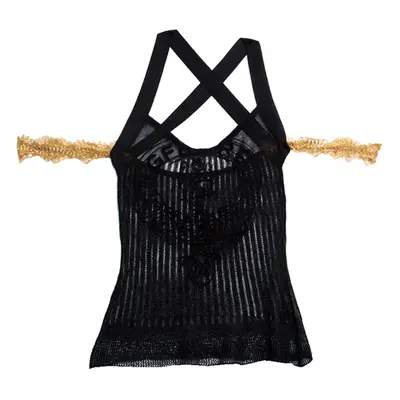 GF Ferre Metallic Black Scallop Lace Strap Detail Perforated Knit Top