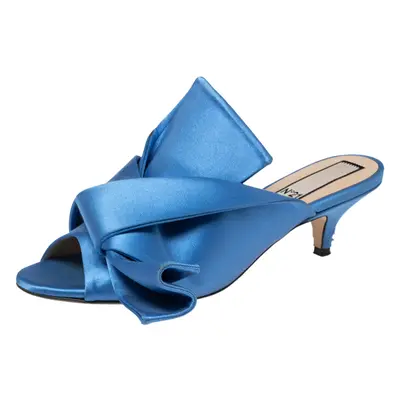 Nº21 Blue Satin Raso Knot Peep Toe Kitten Heel Mules Size 36.5