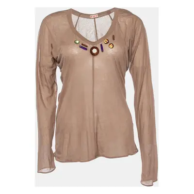 Marni Brown Cotton knit Embellished Detail Long Sleeve Top