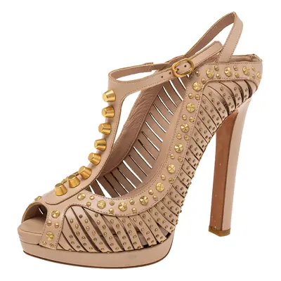 Alexander McQueen Beige Studded Leather T-Strap Slingback Platform Sandals Size 38.5