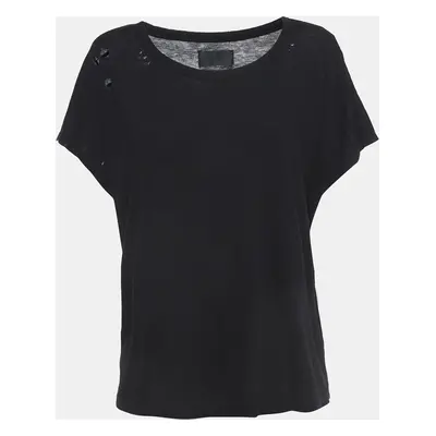 RTA Black Cotton Distressed Crop T-Shirt