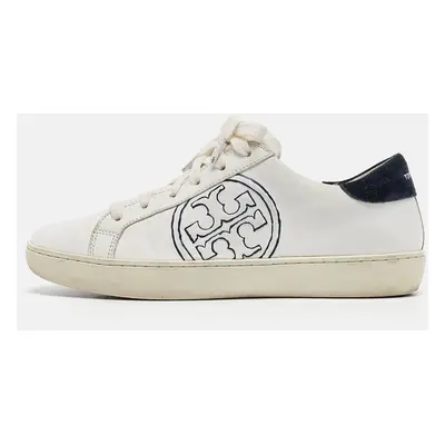 Tory Burch White/Navy Blue Leather and Suede T-Logo Sneakers Size