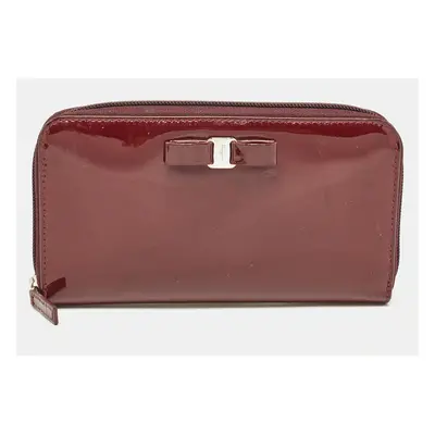 Salvatore Ferragamo Burgundy Patent Leather Vara Bow Zip Around Wallet