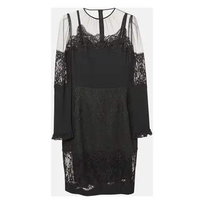 Dolce & Gabbana Black Lace Trim Tulle and Jacquard Midi Dress