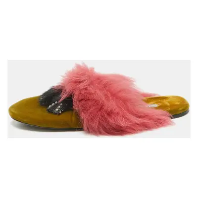 Prada Pink/Green Fur and Velvet Flat Sandals Size