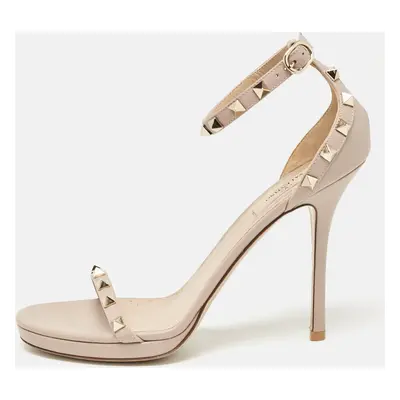 Valentino Beige Leather Rockstud Ankle Strap Sandals Size