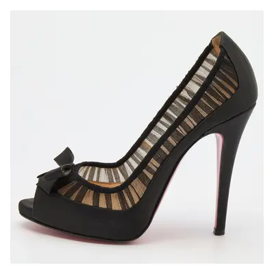 Christian Louboutin Black Satin and Fabric Angelique Bow Peep Toe Pumps Size 36.5