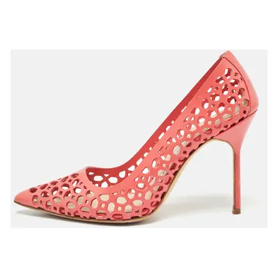 Manolo Blahnik Coral Pink Lasercut Leather BB Laserato Pumps Size