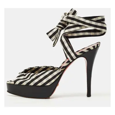 Dolce & Gabbana Black/White Plaid Fabric Platform Ankle Tie Sandals Size