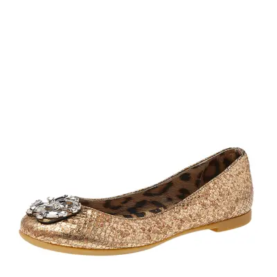 Roberto Cavalli Metallic Gold Python Embossed Leather Logo Embellished Ballet Flats Size