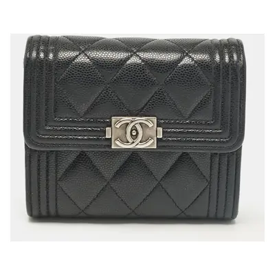 Chanel Black Caviar Quilted Leather Boy Trifold Wallet