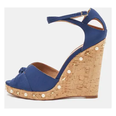 Aquazzura Blue Grosgrain Embellished Harlow Wedge Sandals Size