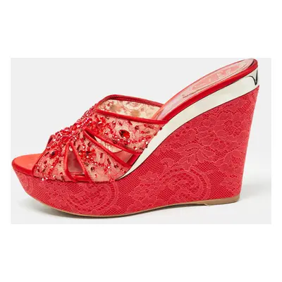 René Caovilla Red Satin and Crystal Embellished Mesh Wedge Platform Sandals Size