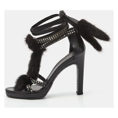 Gucci Black Python Leather and Mink Fur Crystal Embellished Ankle Wrap Sandals Size