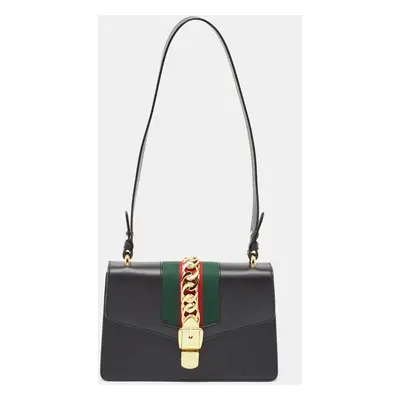 Gucci Black Leather Web Sylvie Shoulder Bag