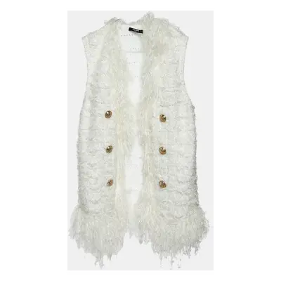 Balmain White Patterned Knit Fringed Open Front Cardigan