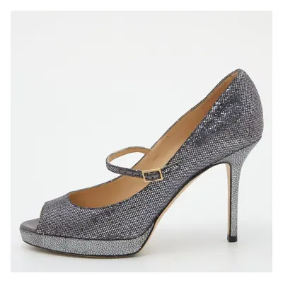 Jimmy Choo Silver Coarse Glitter Amina Peep Toe Pumps Size 37.5