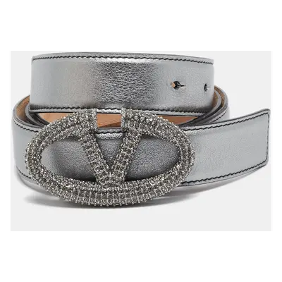 Valentino Metallic Leather Crystals Embellished Vlogo Buckle Belt