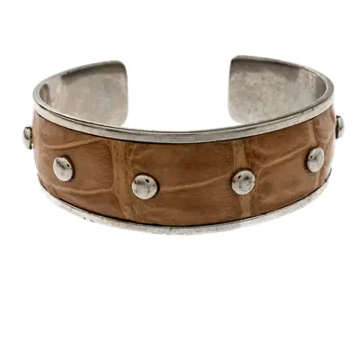 Tod's Tan Embossed Leather Studded Silver Tone Narrow Cuff Bracelet