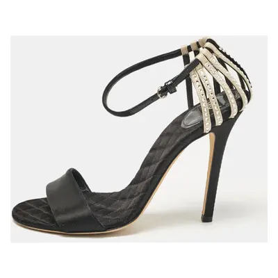 D&G Black/Beige Satin Crystal Embellished Ankle Strap Sandals Size